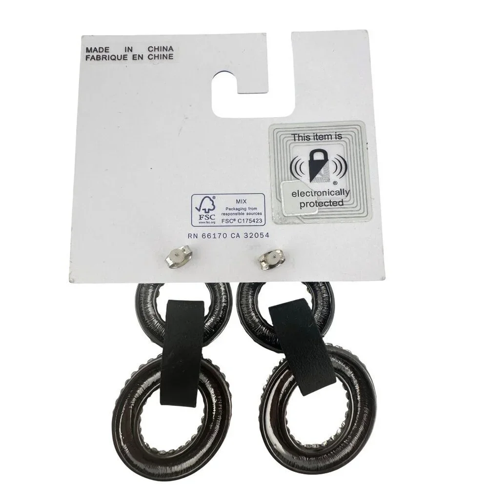 Urban Outfitters Silver Crystal Double Hoop Earrings With Black Leather Accents